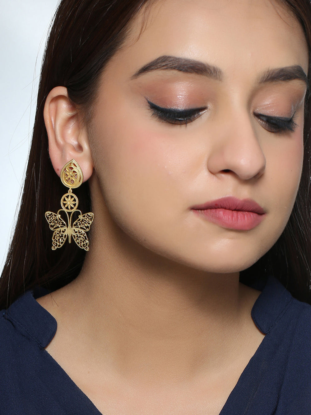 Gold-Matte Gold Meenakari Butterfly Earrings