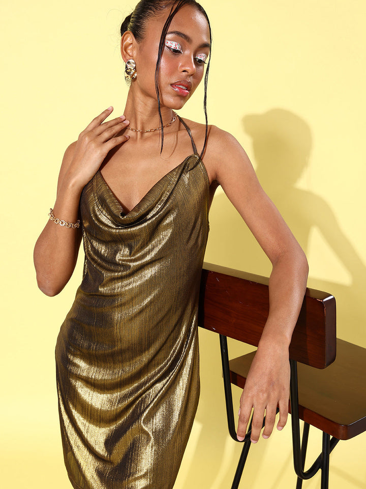 Gold-Polyester-Cowl-Neck-Cocktail-Short-Dress
