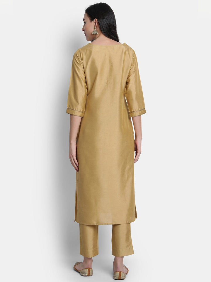 Gold Poly Silk  Solid Kurta Set