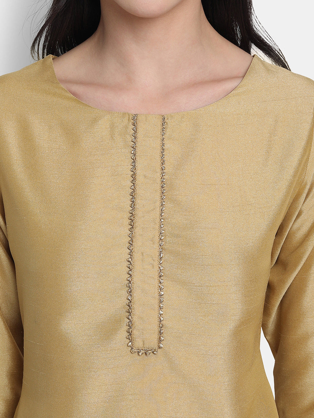 Gold Poly Silk  Solid Kurta Set