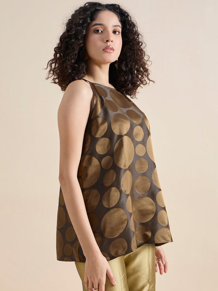 Gold-Pure-Silk-Copper-Brown-Polka-Dot-Halter-Neck-Top