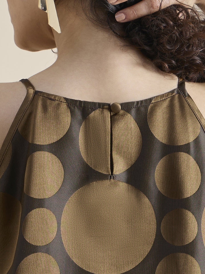 Gold-Pure-Silk-Copper-Brown-Polka-Dot-Halter-Neck-Top