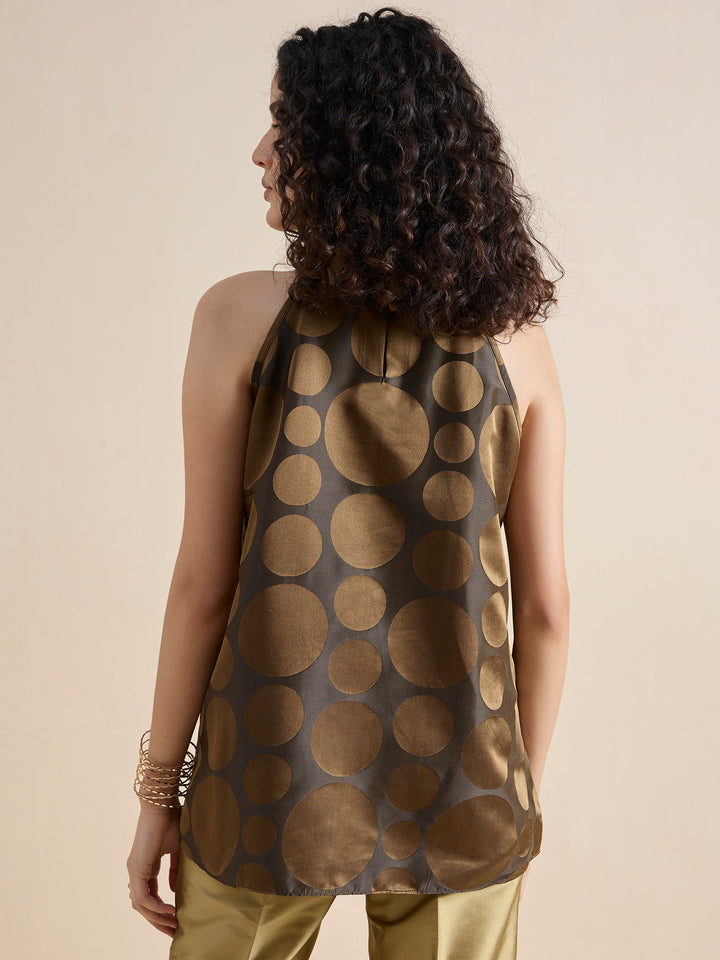 Gold-Pure-Silk-Copper-Brown-Polka-Dot-Halter-Neck-Top