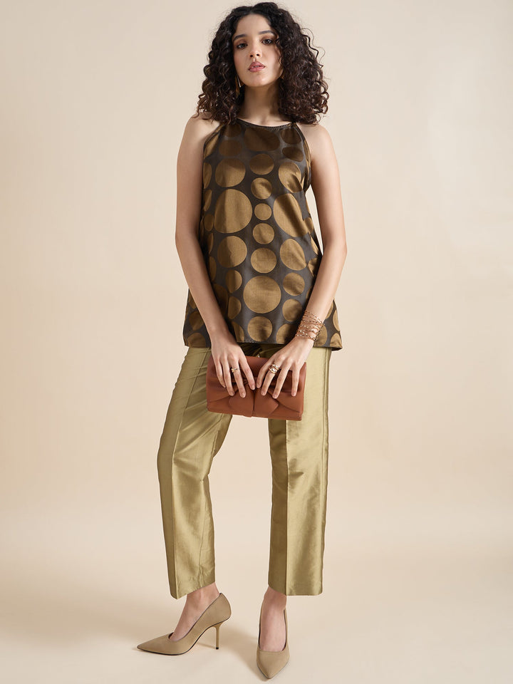 Gold-Pure-Silk-Copper-Brown-Polka-Dot-Halter-Neck-Top