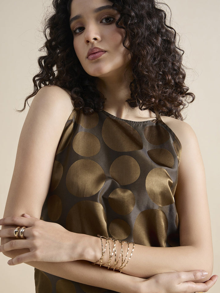 Gold-Pure-Silk-Copper-Brown-Polka-Dot-Halter-Neck-Top