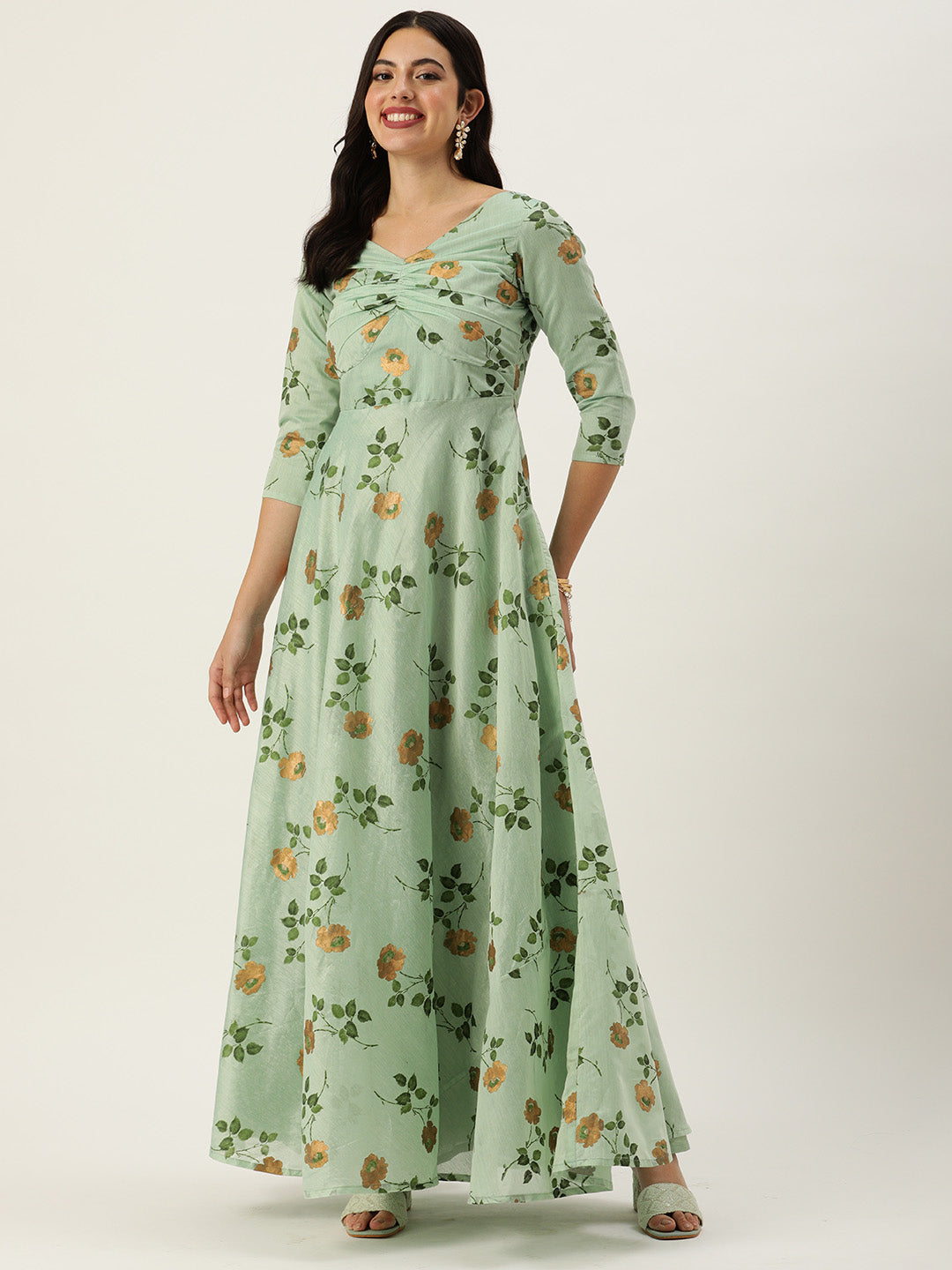 Green-Art-Silk-Foil-Print-Patch-Style-Neck-Gown