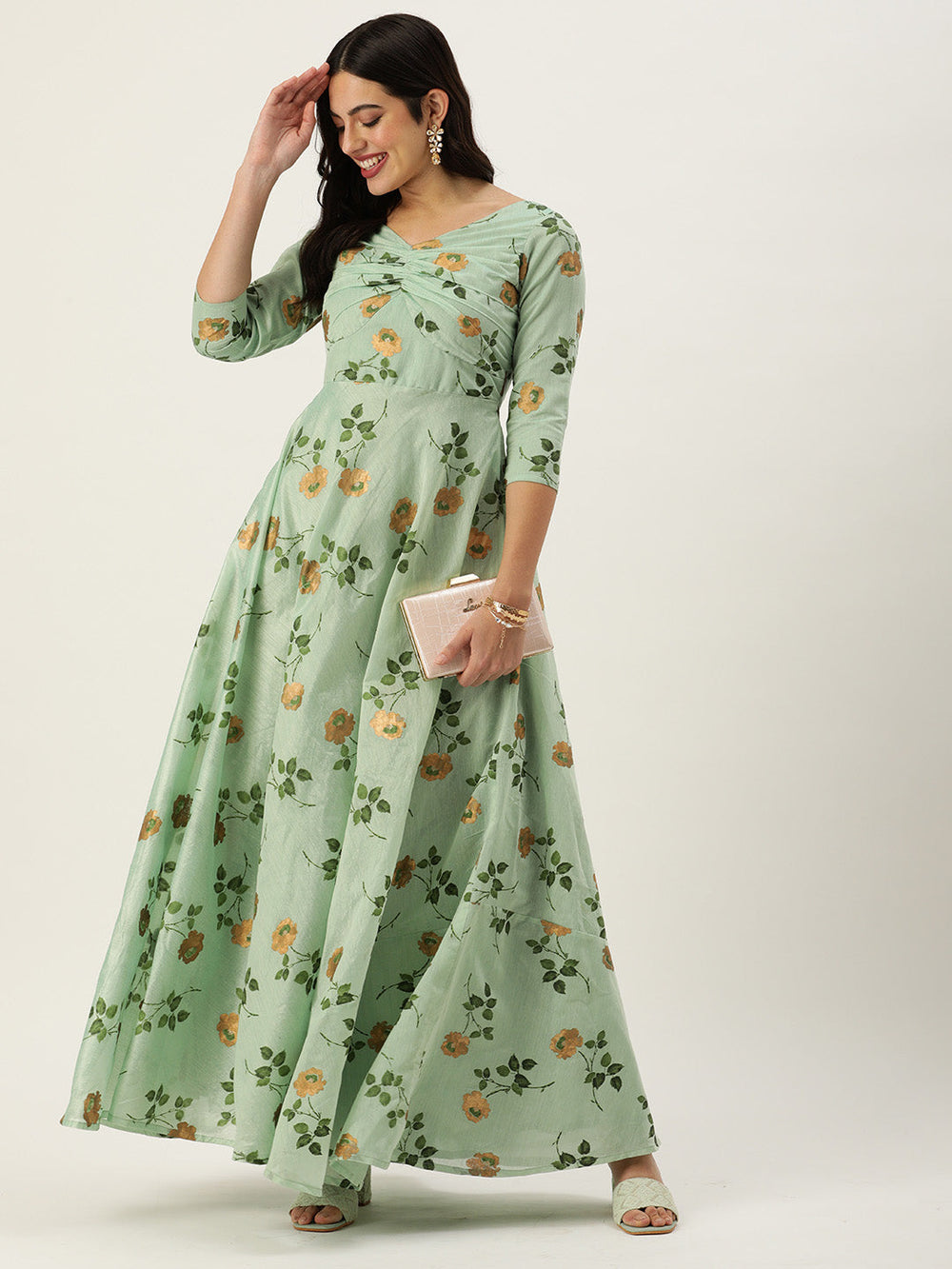 Green-Art-Silk-Foil-Print-Patch-Style-Neck-Gown