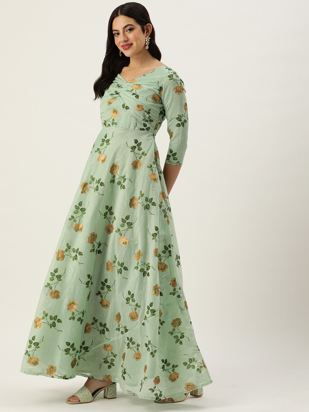 Green-Art-Silk-Foil-Print-Patch-Style-Neck-Gown