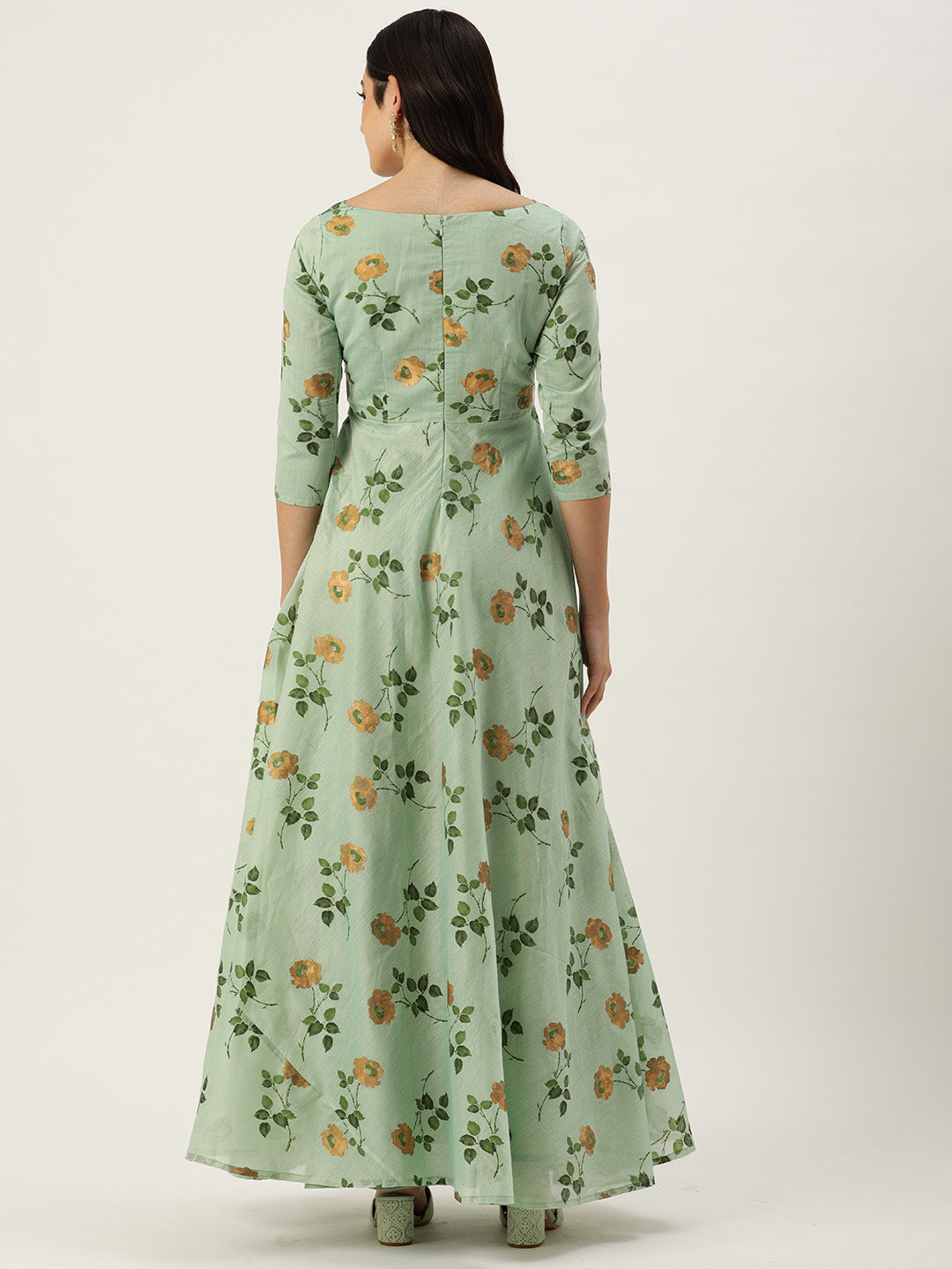 Green-Art-Silk-Foil-Print-Patch-Style-Neck-Gown