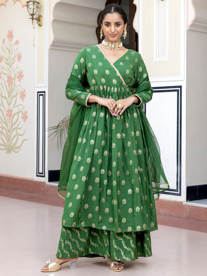 Green Brocade Foil Print Angrakha Kurta Suit Set