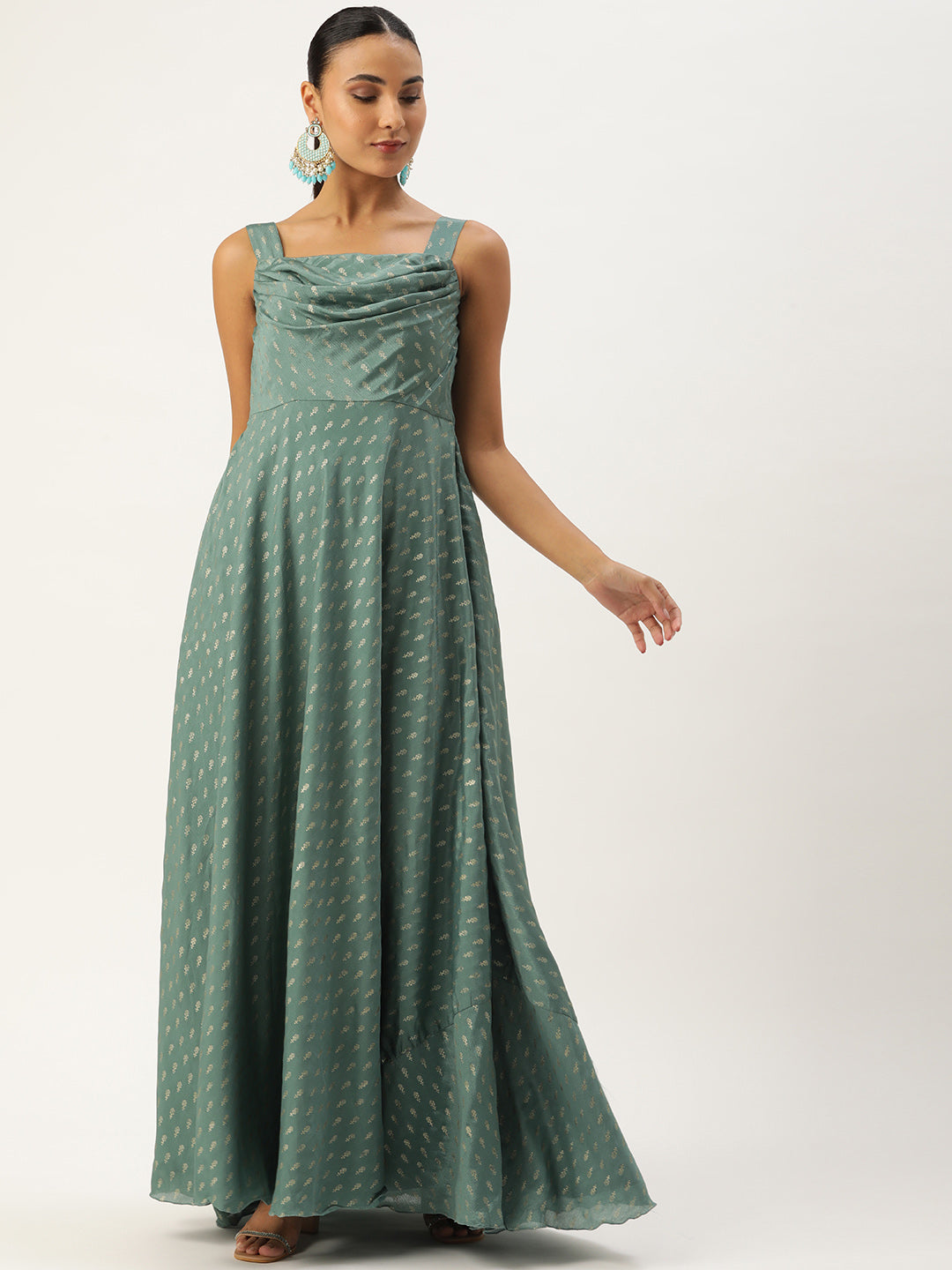 Green-Chinon-Foil-Strap-Neck-Printed-Dress