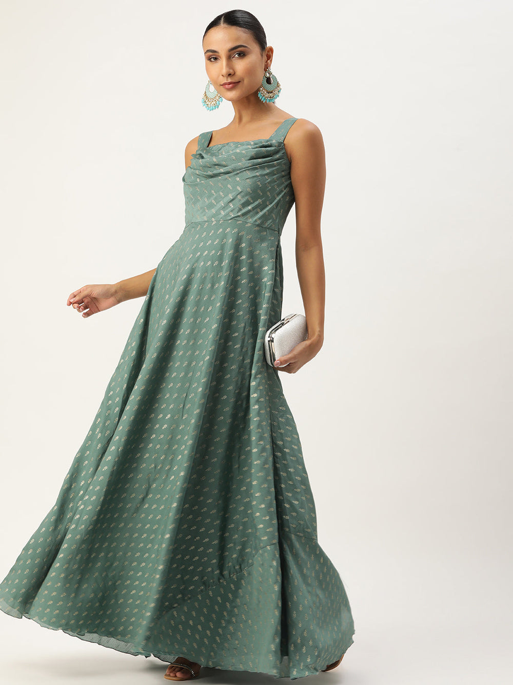 Green-Chinon-Foil-Strap-Neck-Printed-Dress