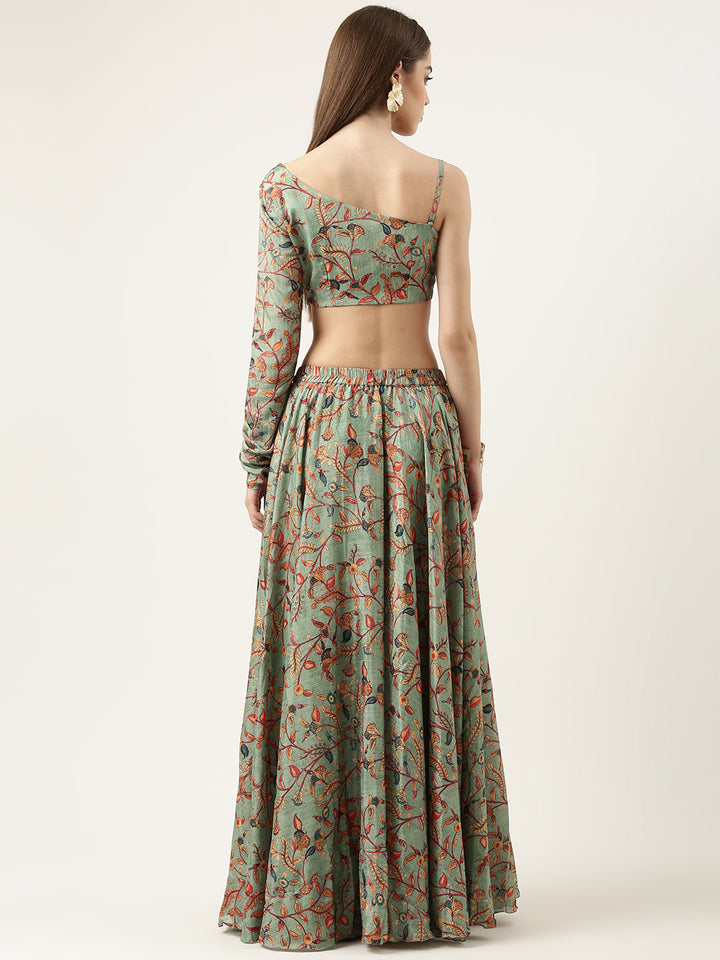 Green-Chinon-One-Shoulder-Neck-Printed-Skirt-Set