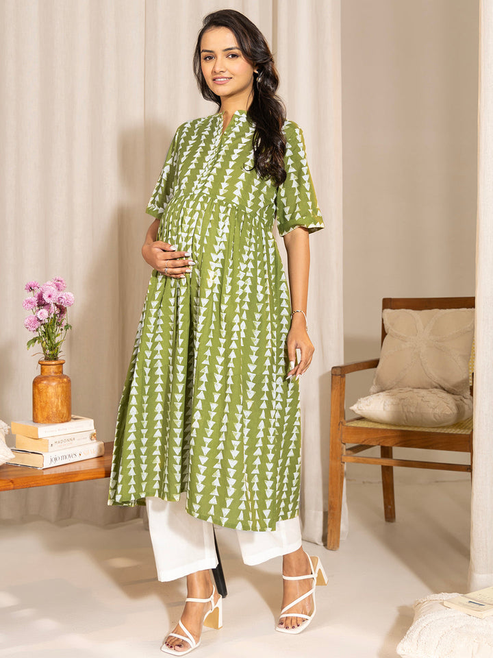 ZERESOUQ-Green-Cotton-Gathered-Maternity-Kurta