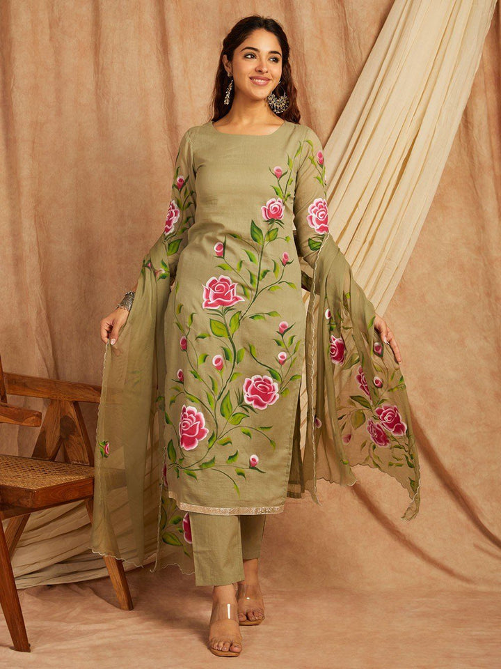 Green-Cotton-Hand-Painted-3-Piece-Kurta-Set