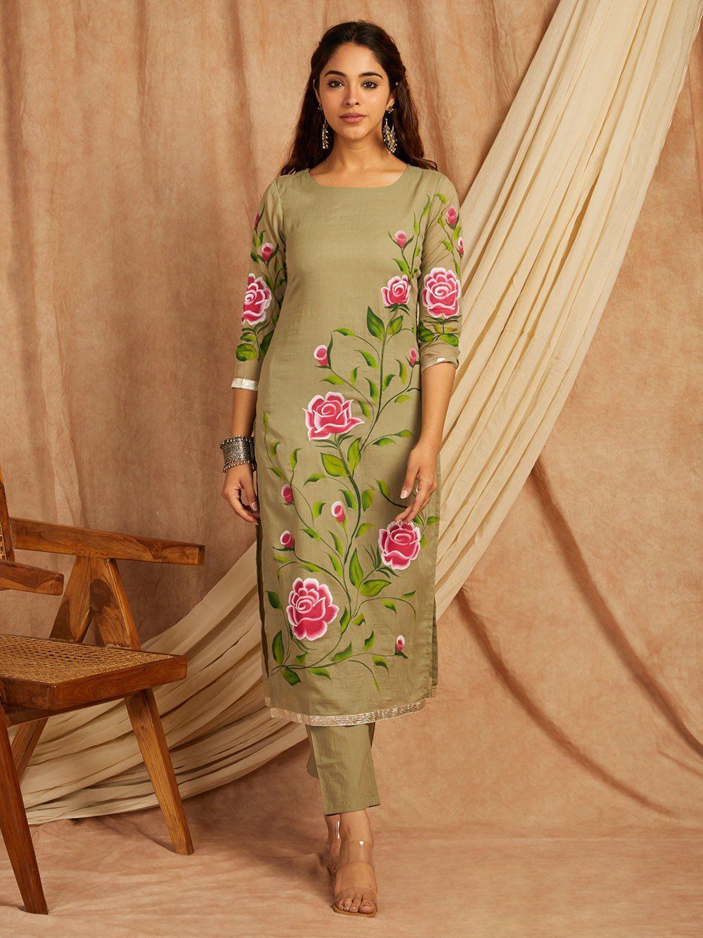 Green-Cotton-Hand-Painted-3-Piece-Kurta-Set