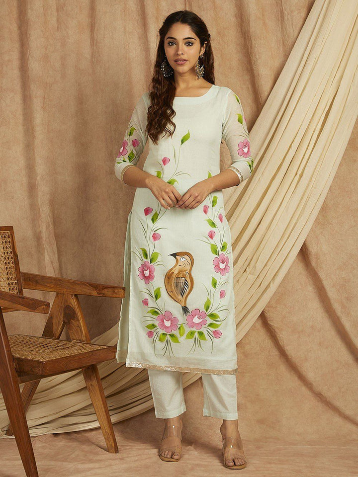 Green-Cotton-Hand-Painted-Floral-Print-3-Piece-Kurta-Set