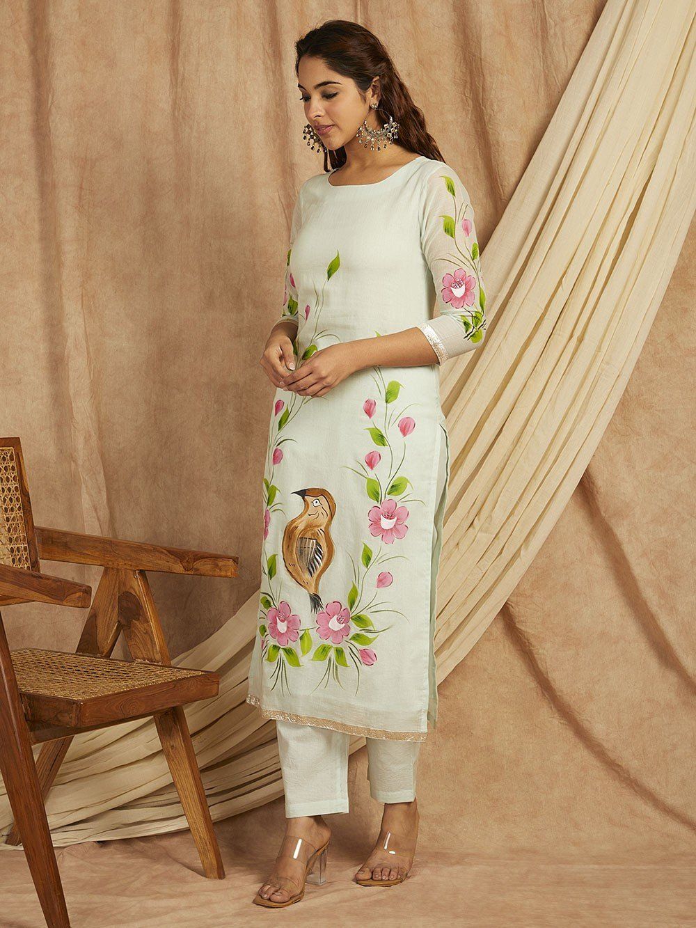 Green-Cotton-Hand-Painted-Floral-Print-3-Piece-Kurta-Set