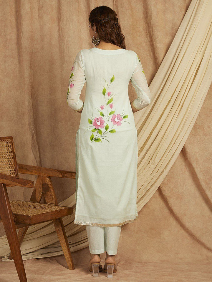Green-Cotton-Hand-Painted-Floral-Print-3-Piece-Kurta-Set