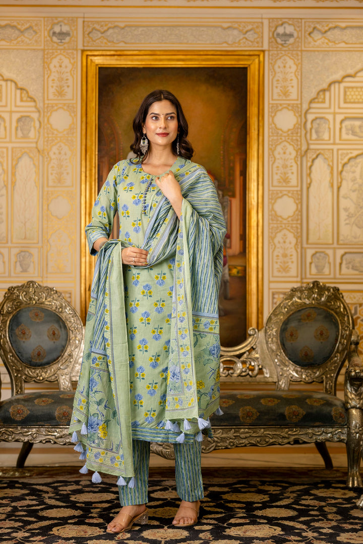 Green-Cotton-Printed-3-Piece-Kurta-Set