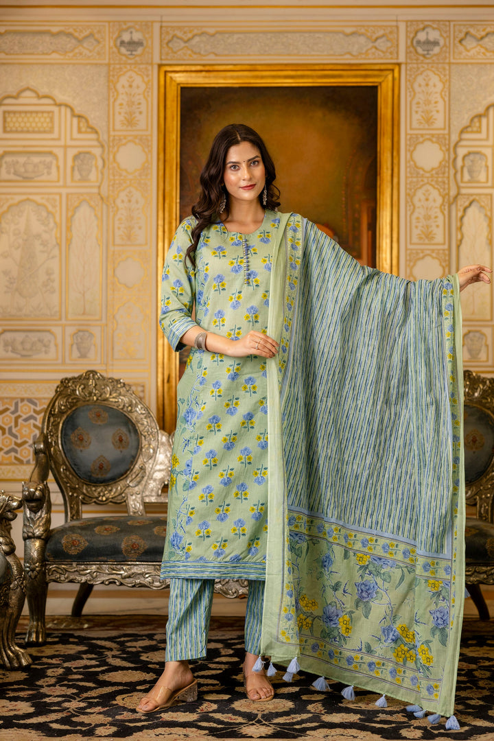 Green-Cotton-Printed-3-Piece-Kurta-Set