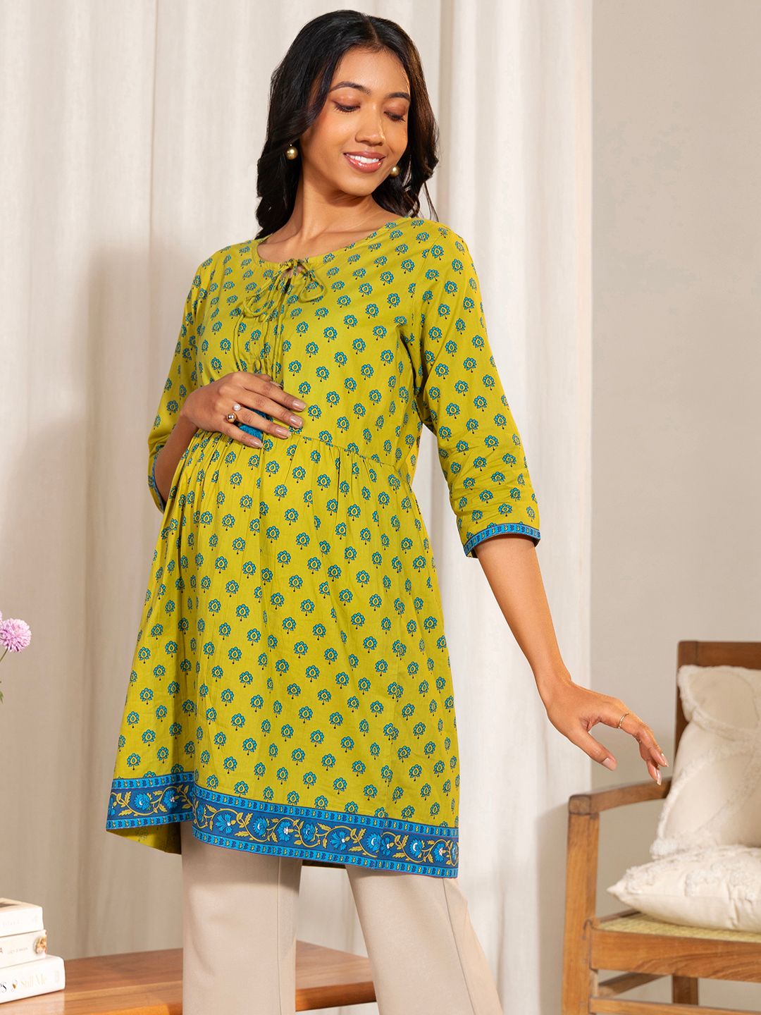 ZERESOUQ-Green-Cotton-Printed-A-Line-Tunic