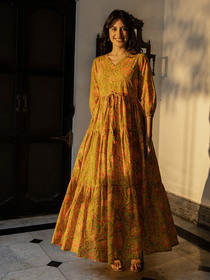 Green-Cotton-Printed-V-Neck-Dress