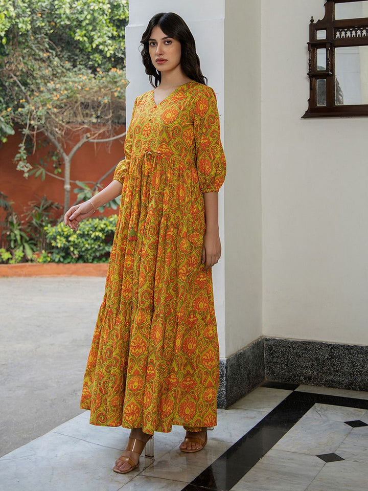 ZERESOUQ-Mustard-&-Green-Cotton-Printed-Maxi-Dress