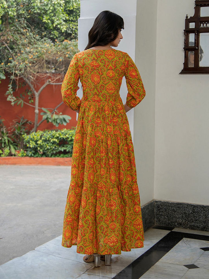 ZERESOUQ-Mustard-&-Green-Cotton-Printed-Maxi-Dress