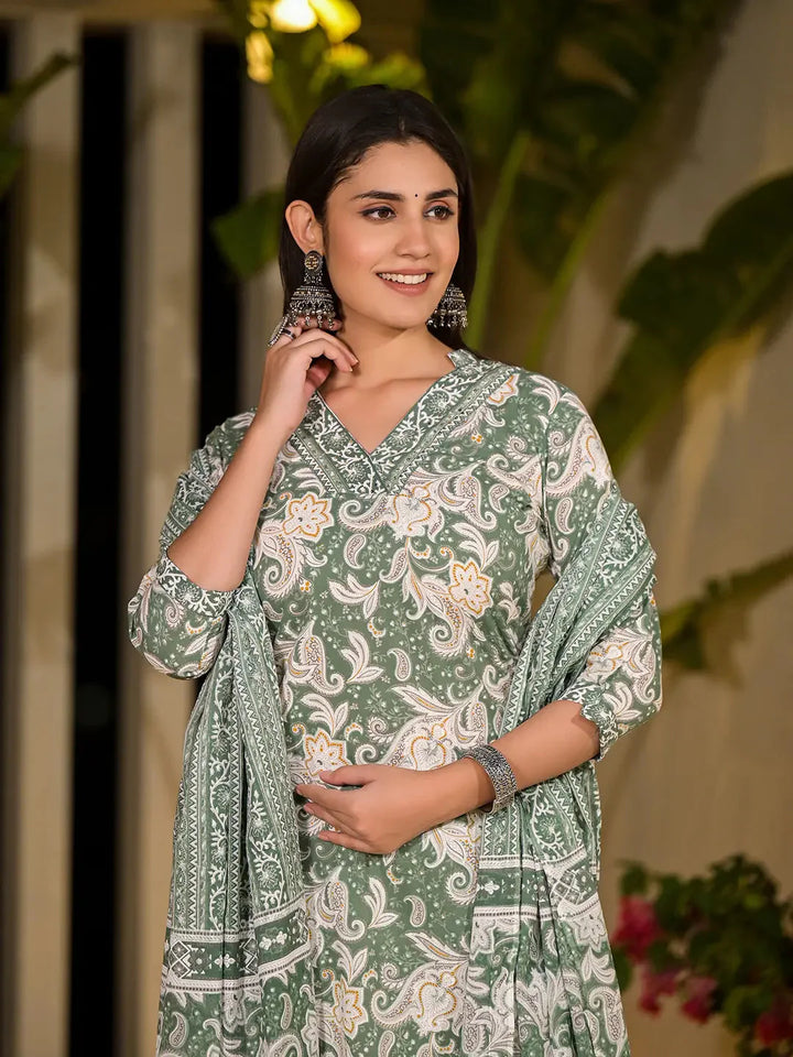 Green-Cotton-Paisley-Print-Straight-3-Piece-Kurta-Set