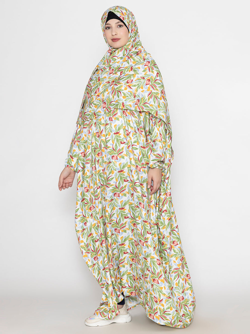 Green-Crimson-Viscose-Leaf-Print-Prayer-Gown