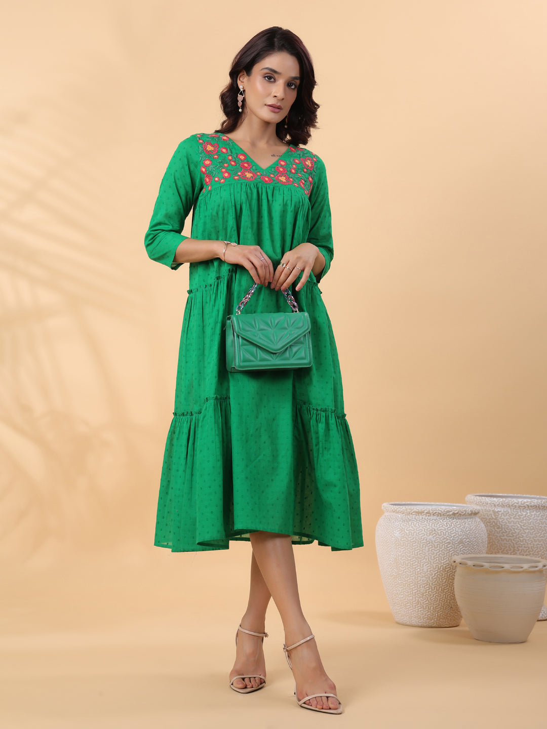 ZERESOUQ-Green-Dobby-Cotton-Embroidered-Pleated-Dress