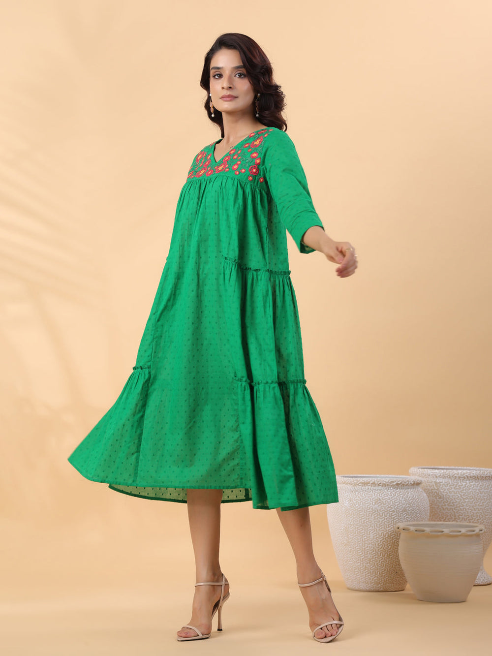 ZERESOUQ-Green-Dobby-Cotton-Embroidered-Pleated-Dress