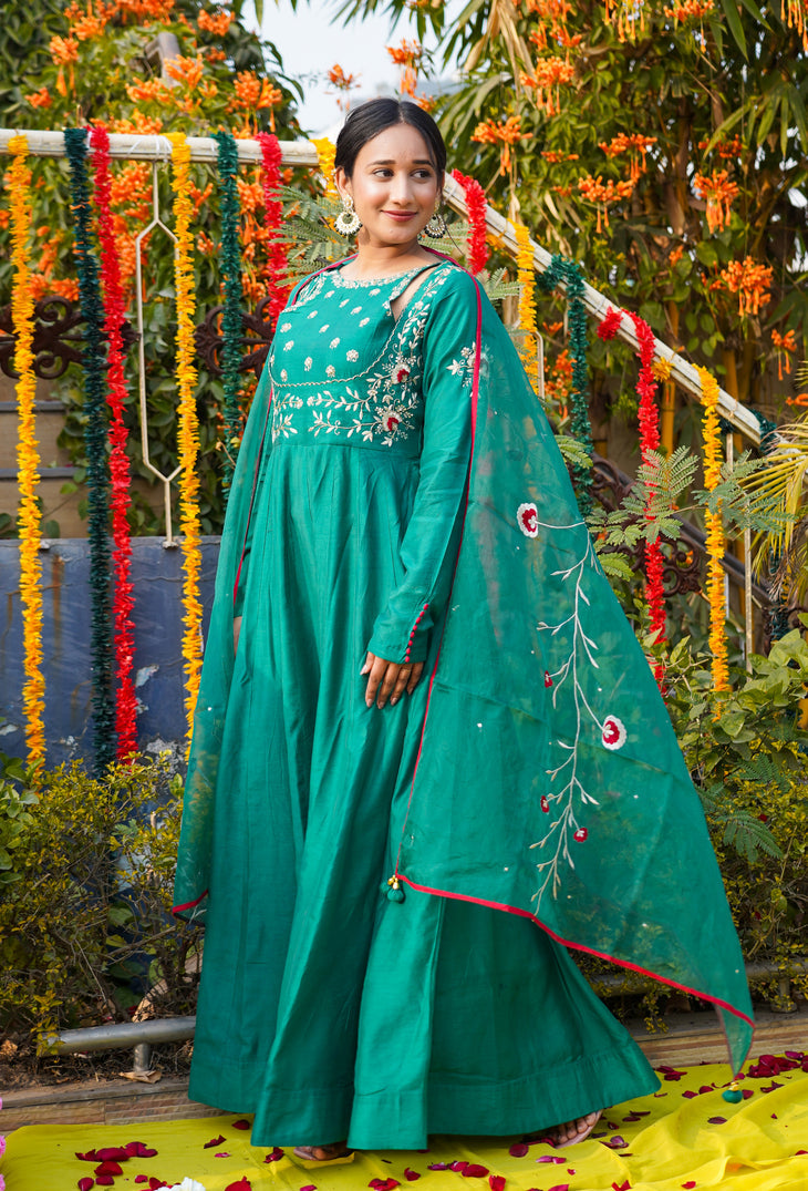 Green-Embroidery-Musline-Silk-Anarkali-With-Dupatta