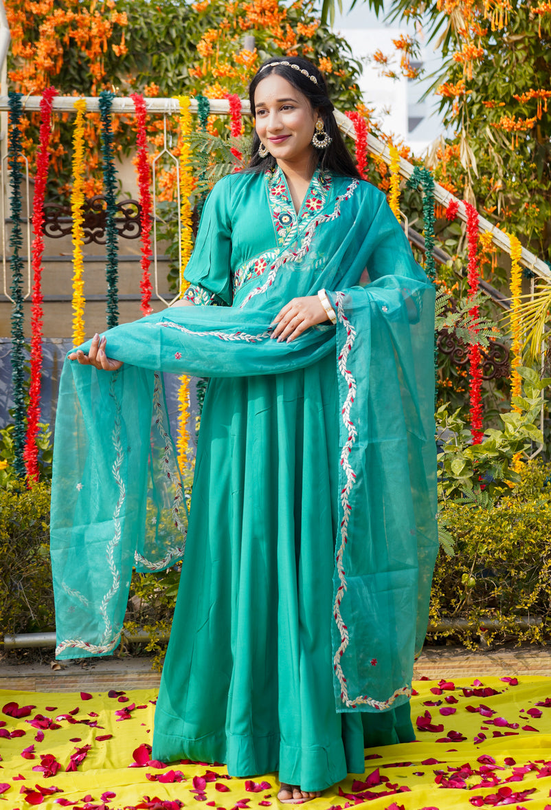 Green-Embroidery-Musline-Silk-Short-Sleeves-Anarkali-Set