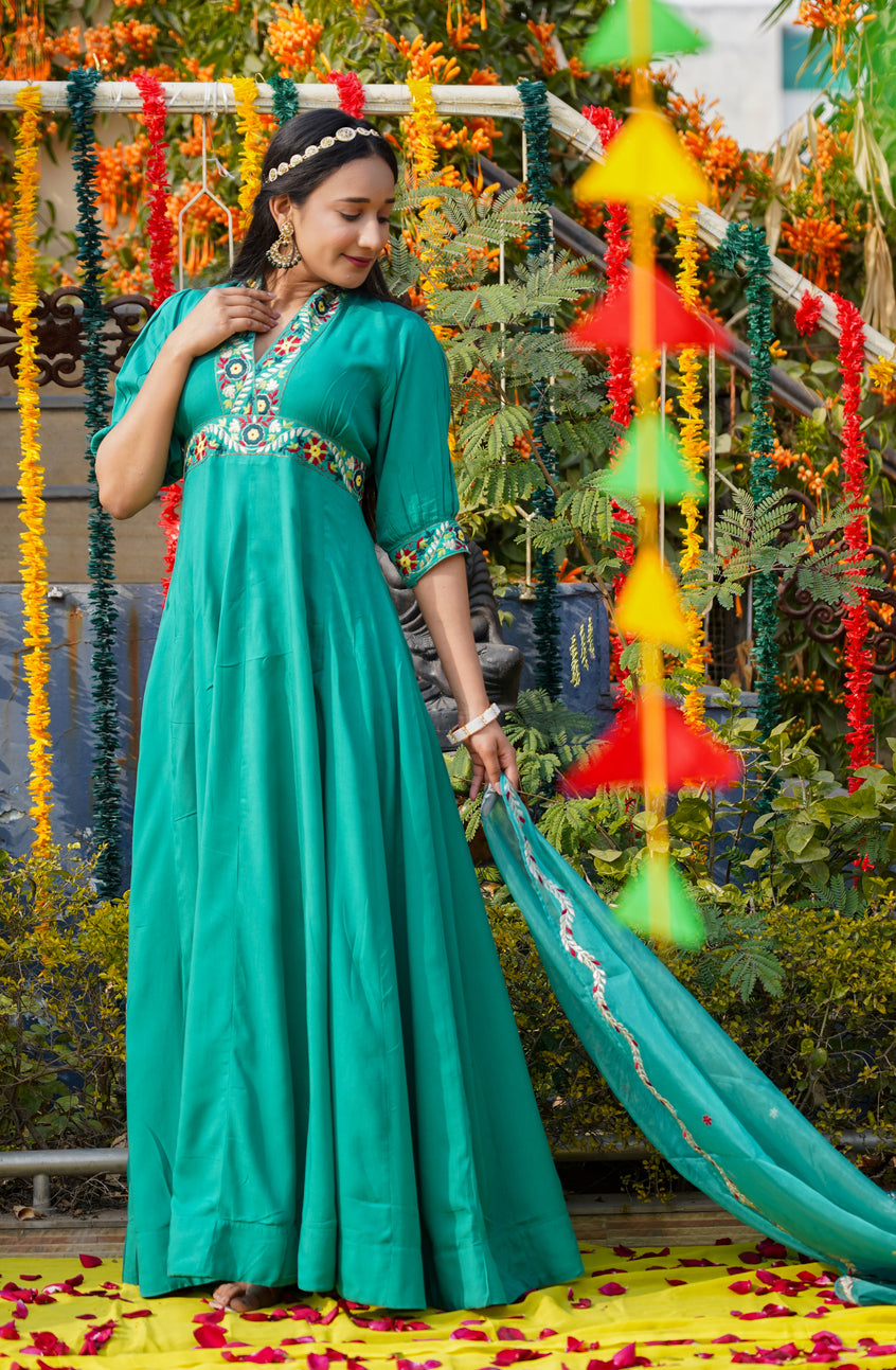 Green-Embroidery-Musline-Silk-Short-Sleeves-Anarkali-Set