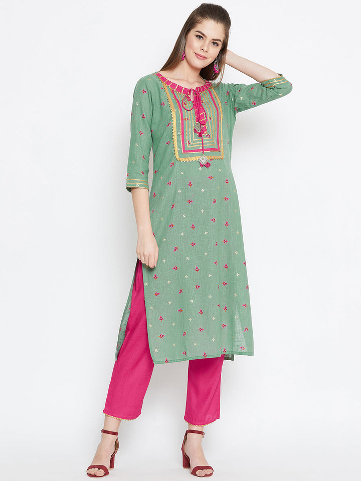 Green Floral Printed Pure Cotton Kurta Set