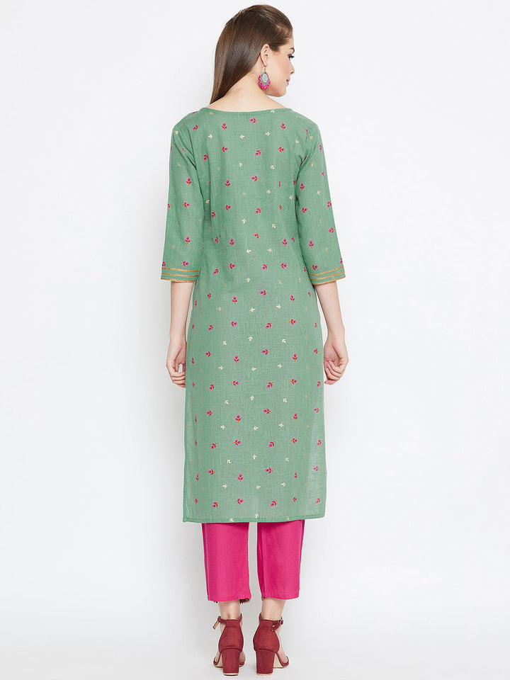 Green Floral Printed Pure Cotton Kurta Set