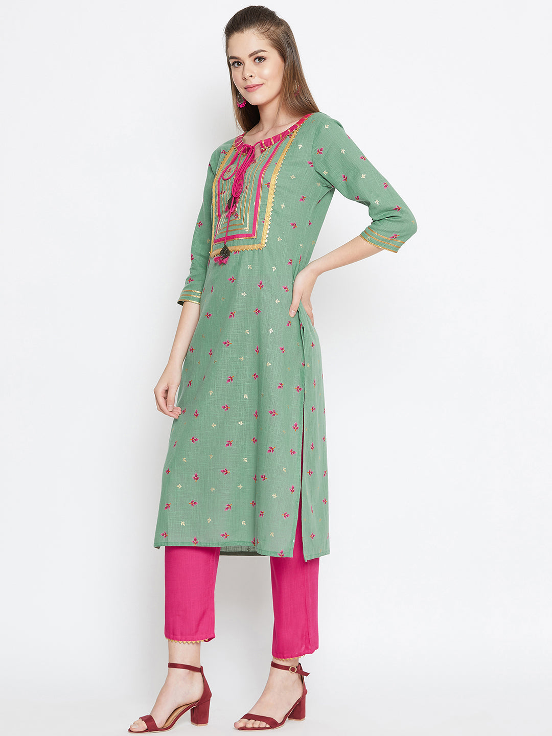 Green Floral Printed Pure Cotton Kurta Set