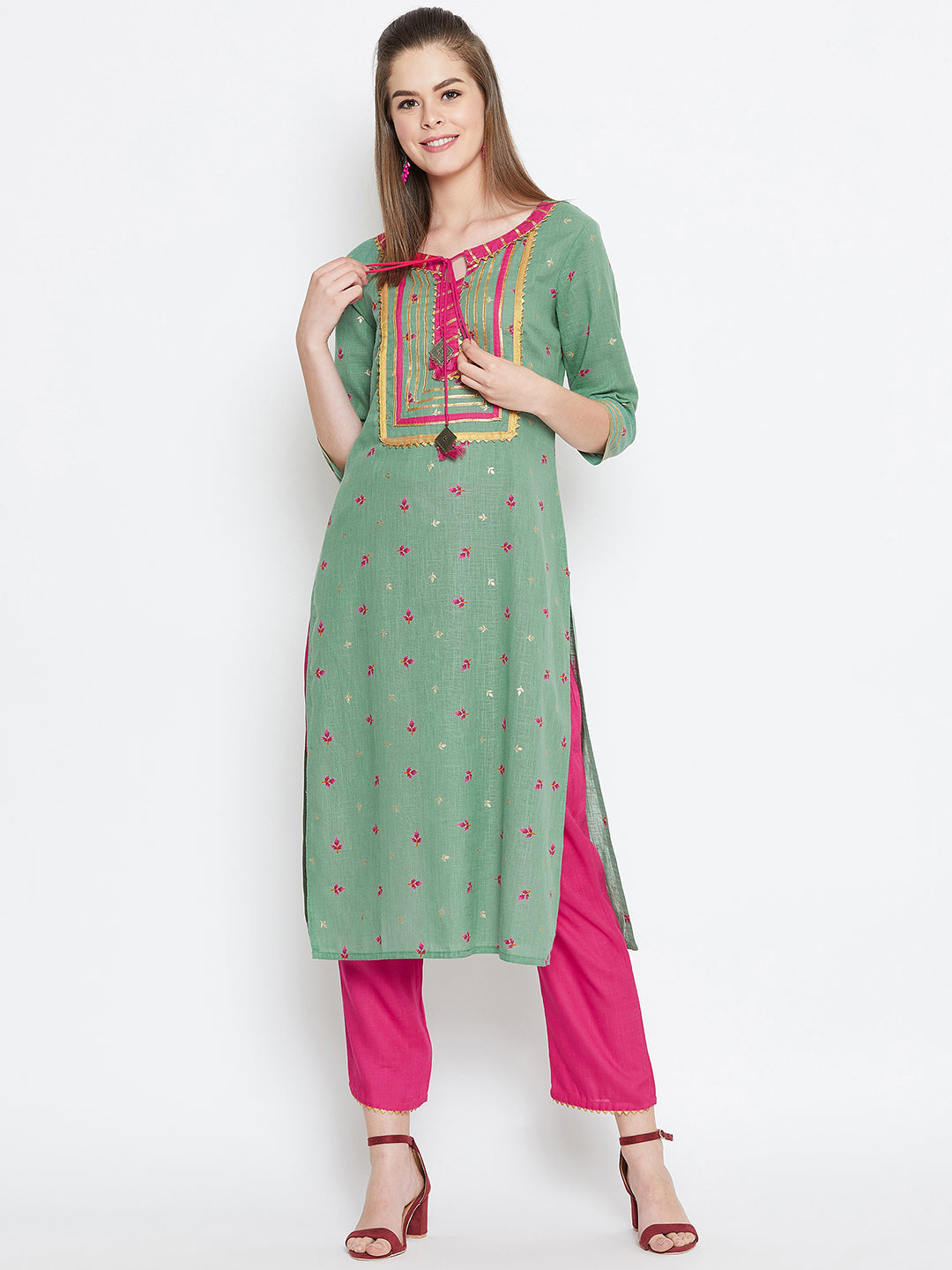 Green Floral Printed Pure Cotton Kurta Set