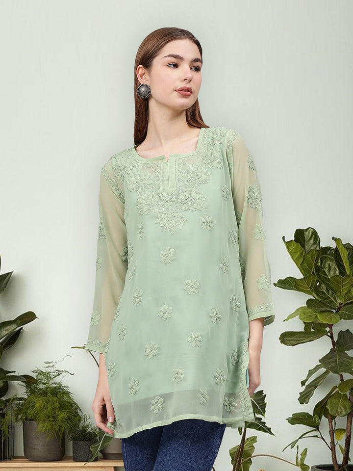 Green-Georgette-Embroidered-Chikankari-Tunic-With-Slip