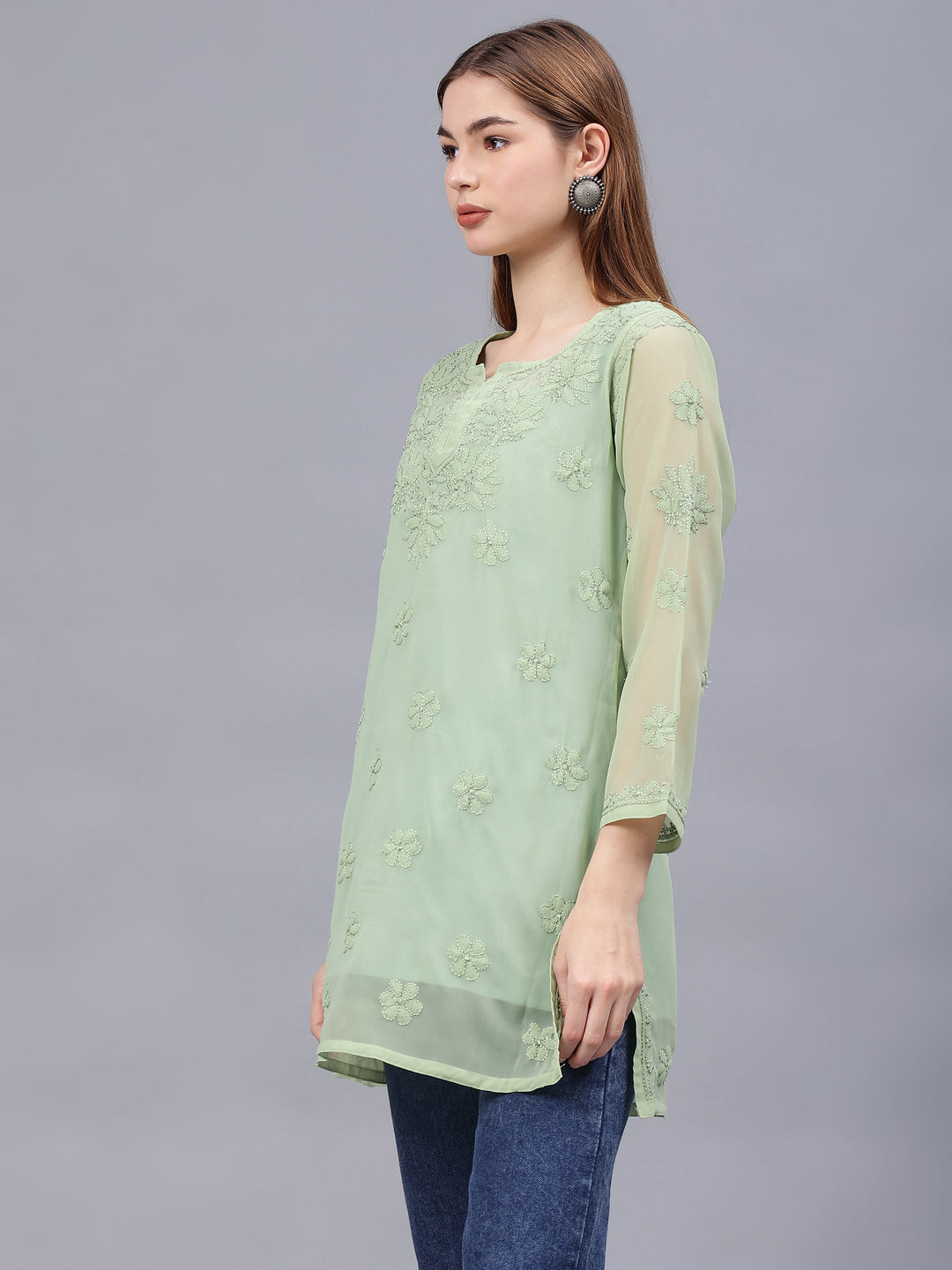 Green-Georgette-Embroidered-Chikankari-Tunic-With-Slip