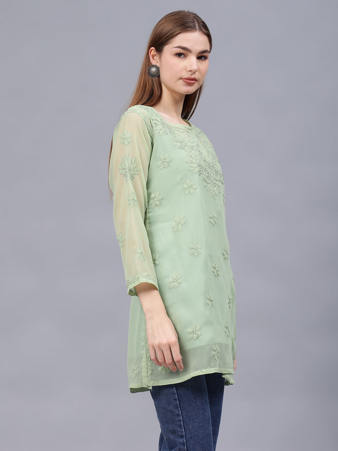 Green-Georgette-Embroidered-Chikankari-Tunic-With-Slip