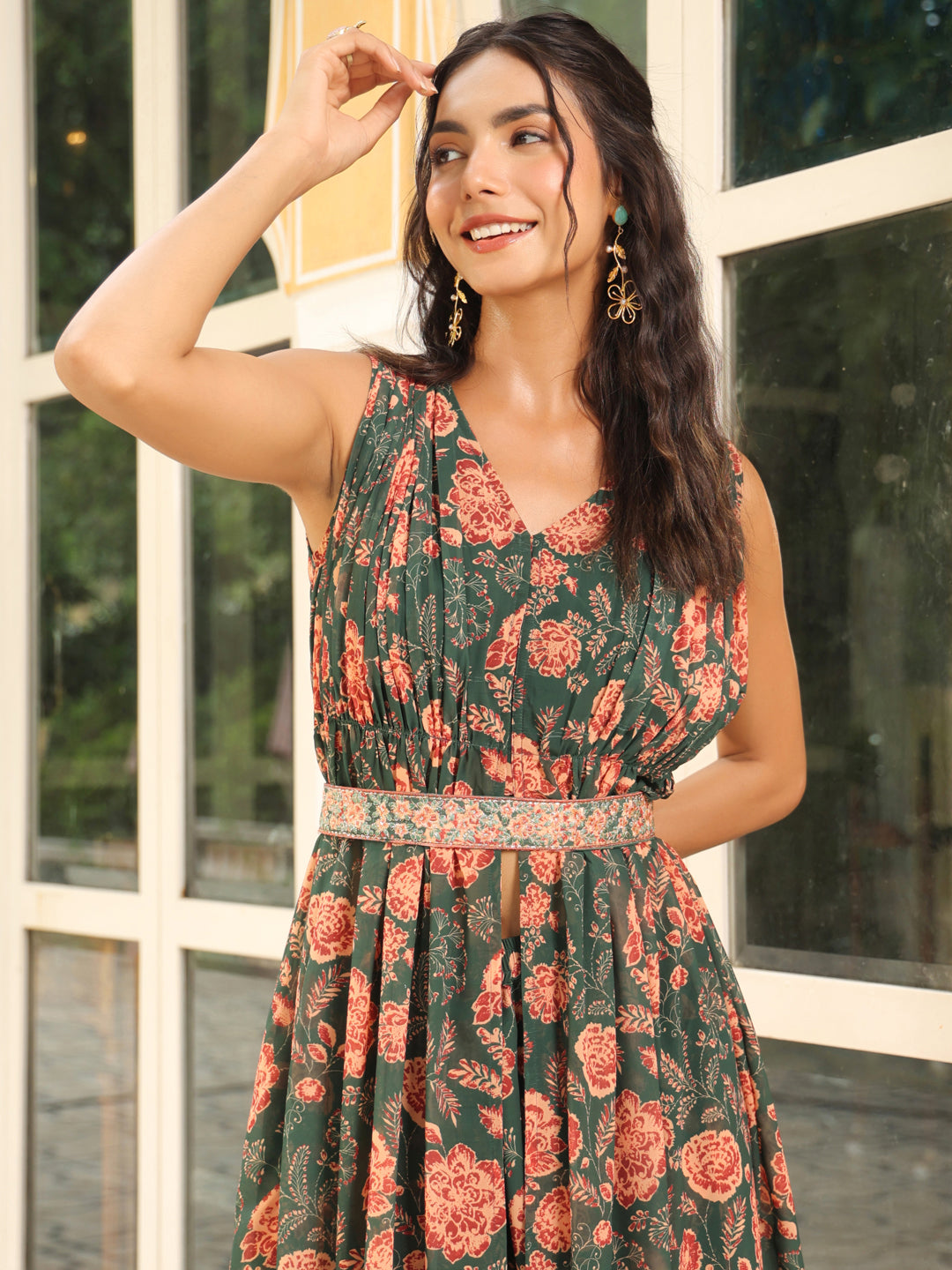 ZERESOUQ-Green-Georgette-Floral-2-Piece-Kurta-Set