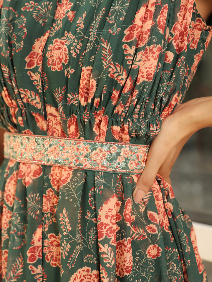 ZERESOUQ-Green-Georgette-Floral-2-Piece-Kurta-Set