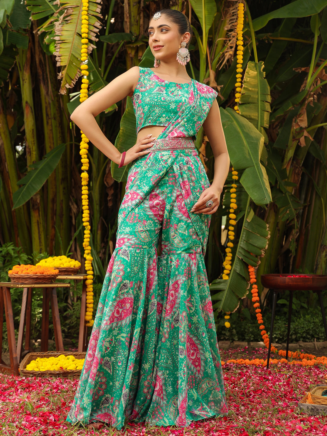 Green-Georgette-Floral-Print-Sharara-Set