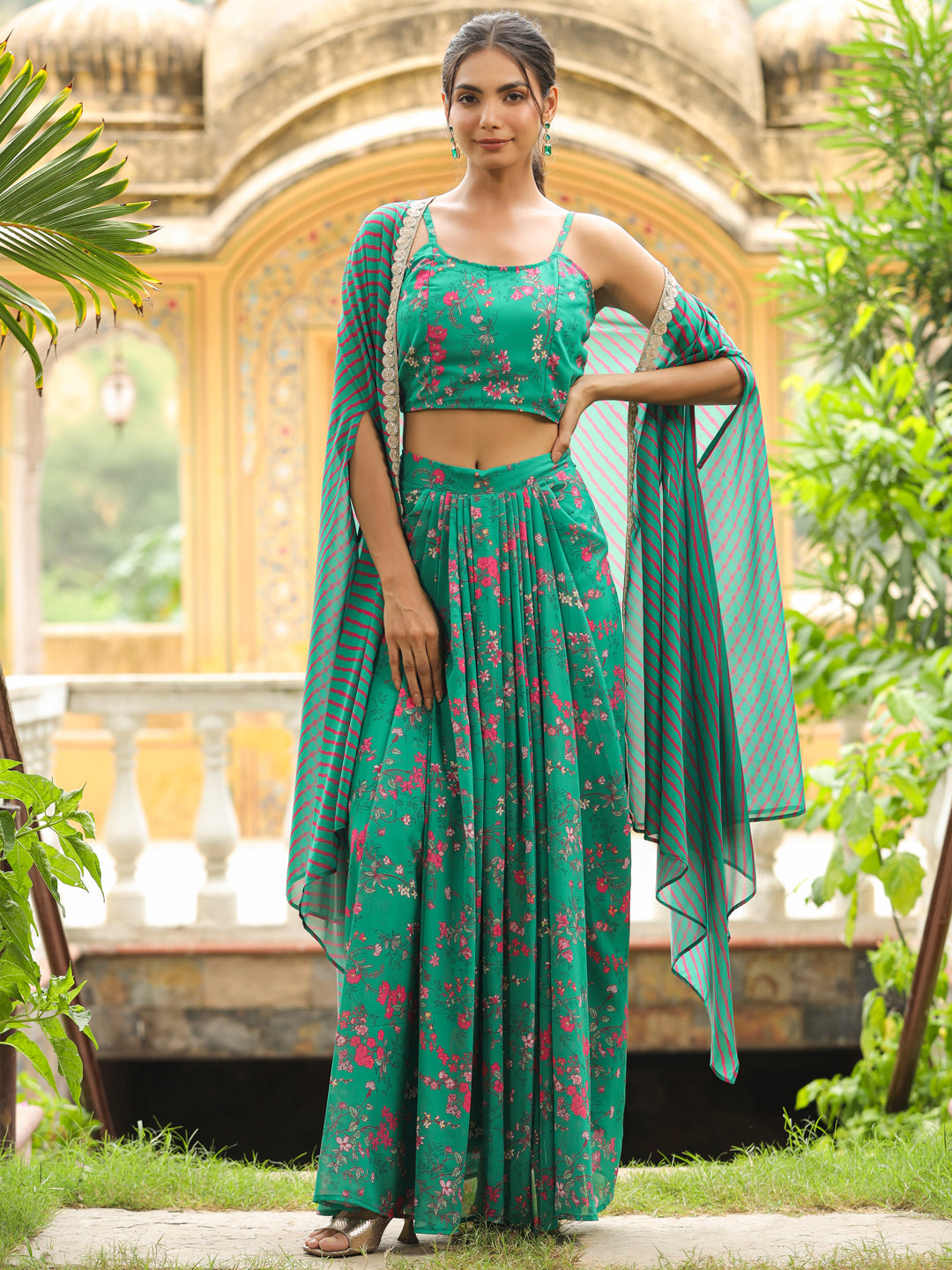 Green-Georgette-Floral-Print-Sleeveless-Lehenga-Set