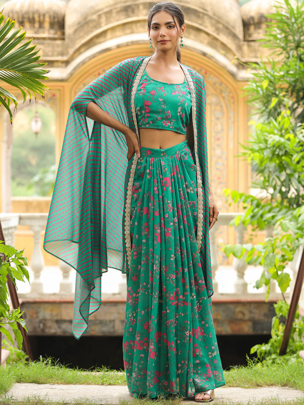 ZERESOUQ-Green-Georgette-Floral-Print-3-Piece-Festive-Co-Ord-Set