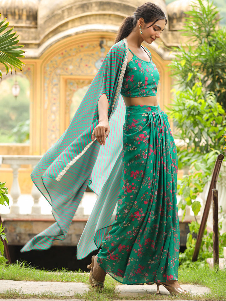 Green-Georgette-Floral-Print-Sleeveless-Lehenga-Set