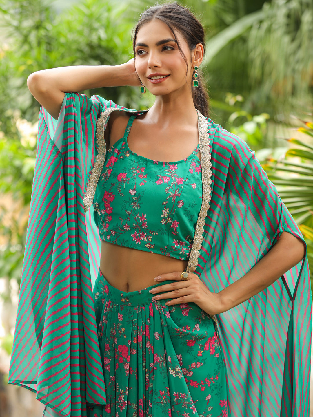 Green-Georgette-Floral-Print-Sleeveless-Lehenga-Set